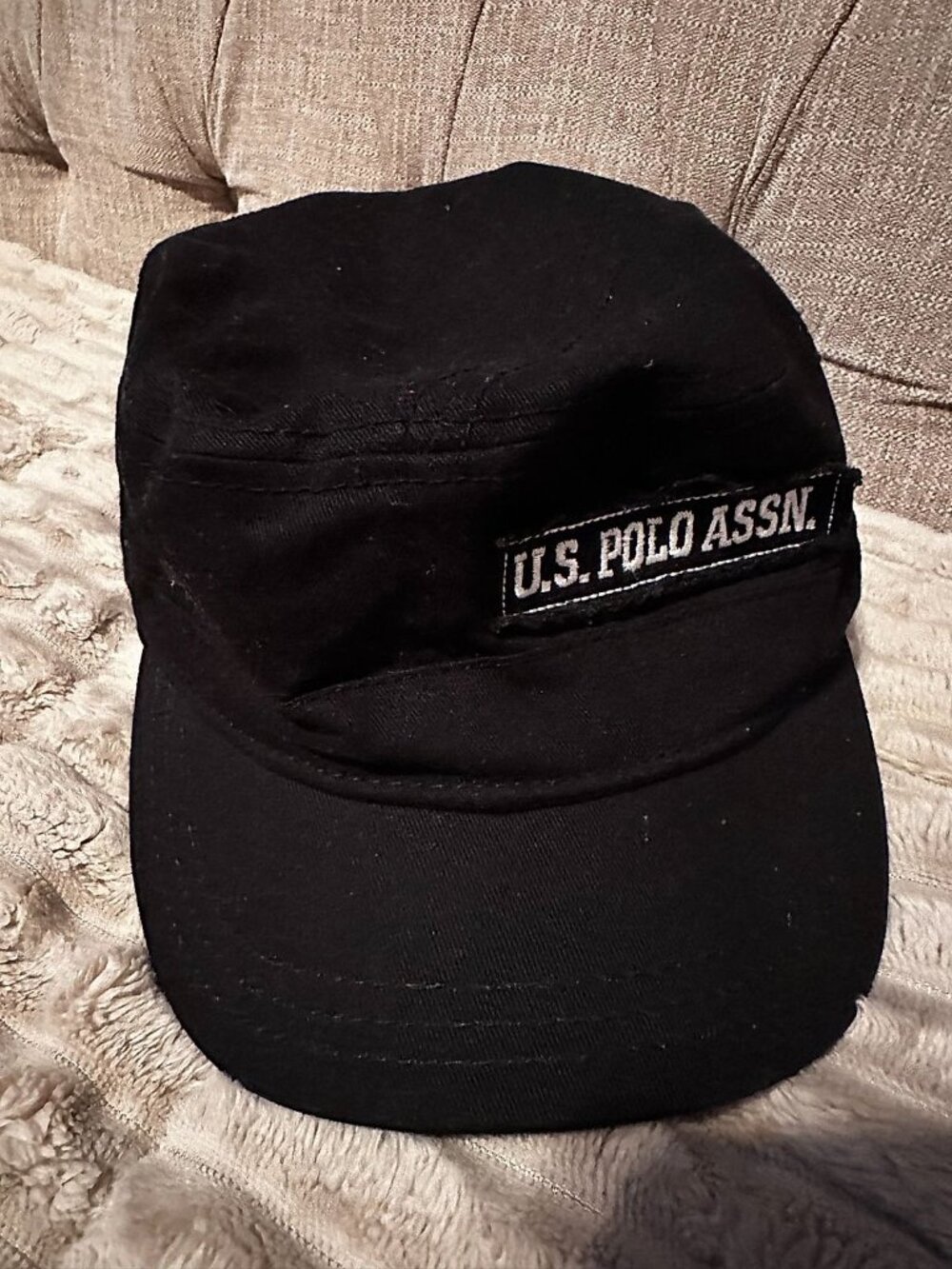 U.S. Polo Assn. Black Cotton Cadet-Style Cap with White Logo Patch and Plaid Lin